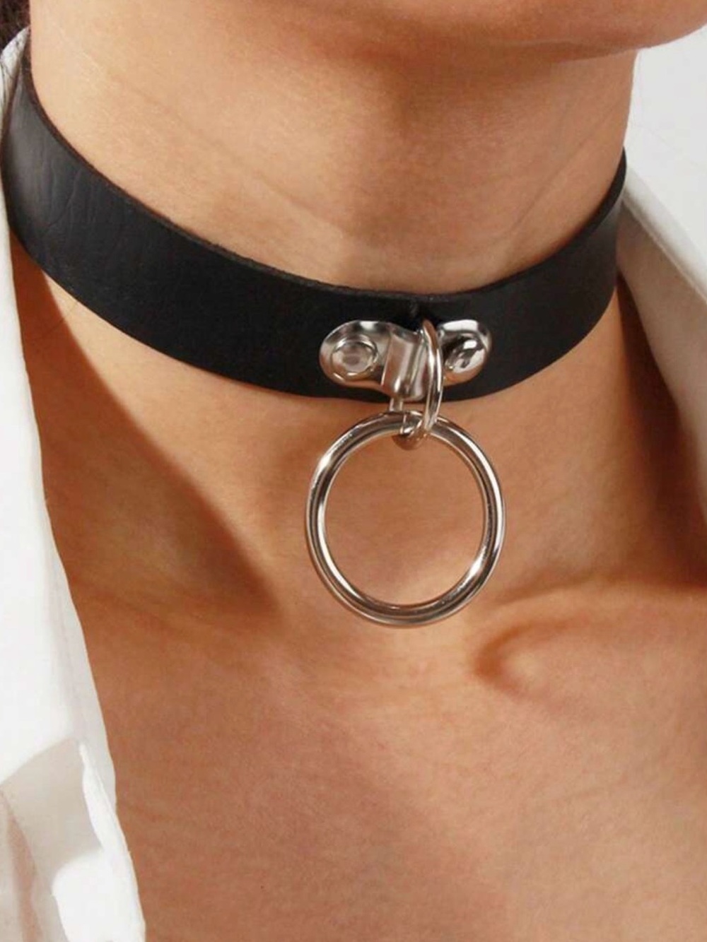 Black Faux Leather O-Ring Choker Necklace